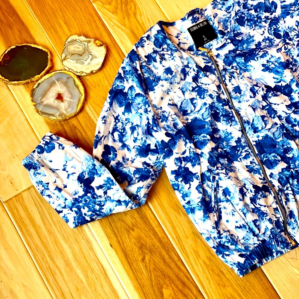 NWOT-Sienna&Bellini Blue/White Floral BomberJacket - Picture 5 of 8